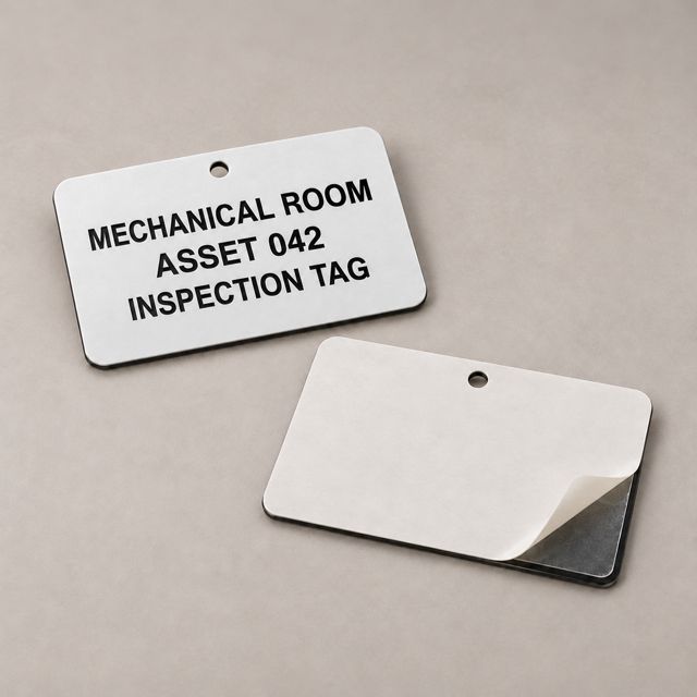 White asset inspection tag beside a second tag with its adhesive liner peeled back