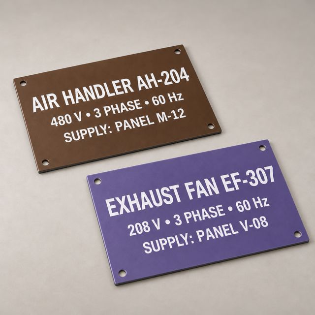Brown air handler plate and purple exhaust fan plate with mounting holes