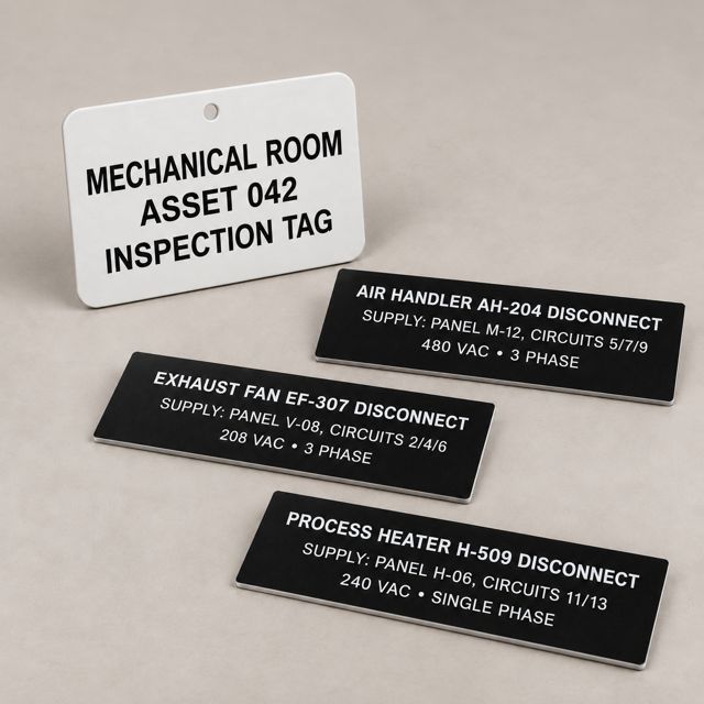 White asset tag standing behind three black disconnect labels