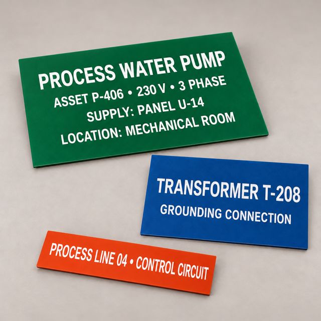 Green pump nameplate, blue transformer tag and orange process line label