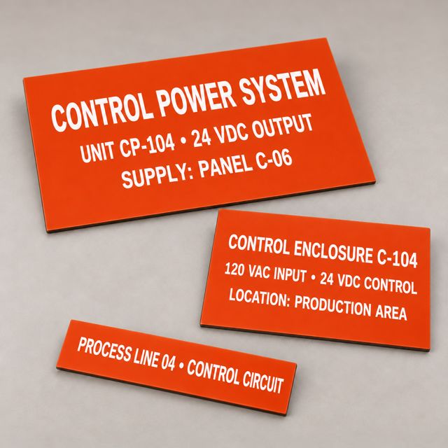 Orange control power, control enclosure and process line labels with white letters