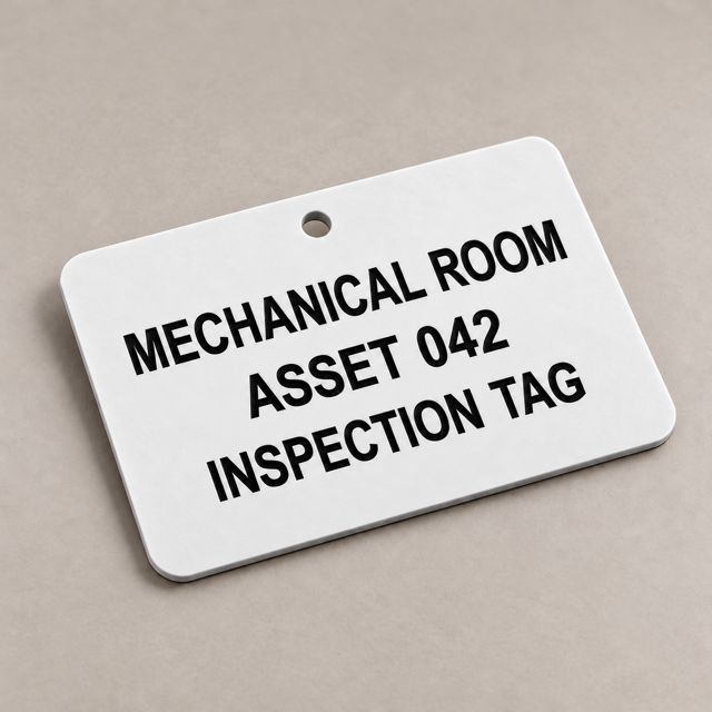 White engraved asset inspection tag with a hanging hole
