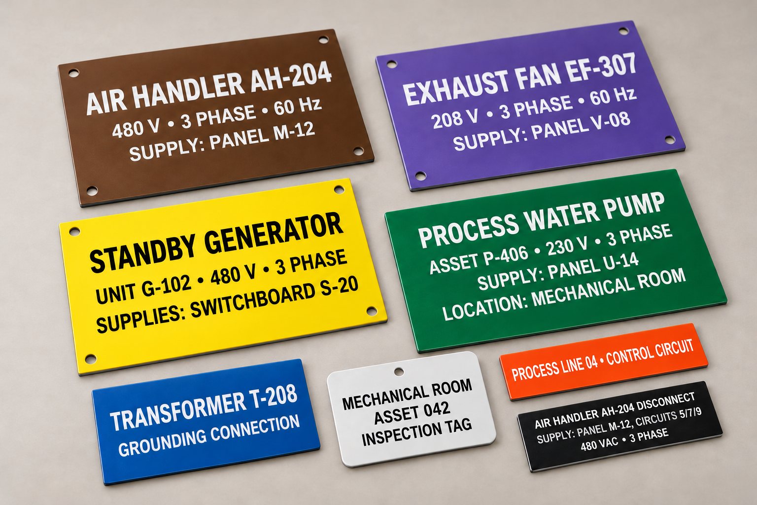 Engraved equipment nameplates and tags in brown, purple, yellow, green, blue, white, orange and black