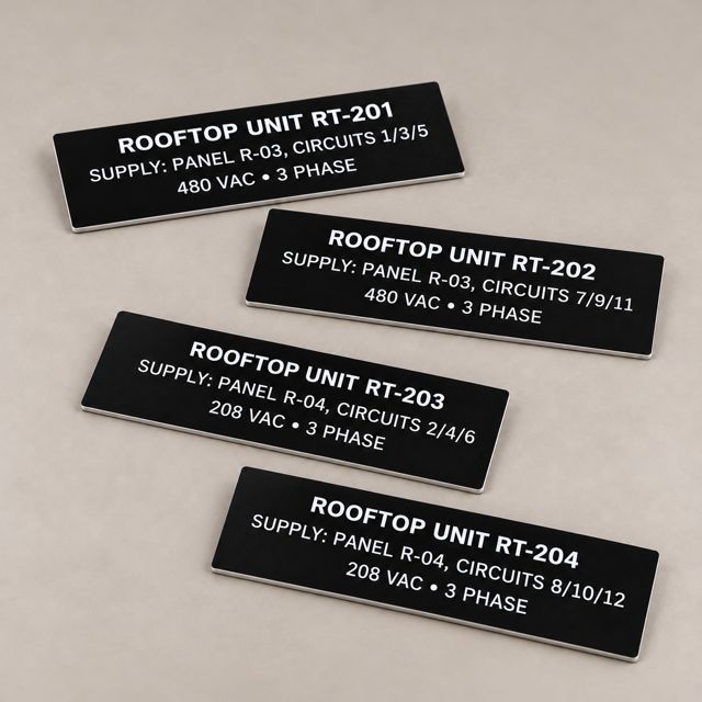 Four black rooftop unit nameplates with white letters, one per unit