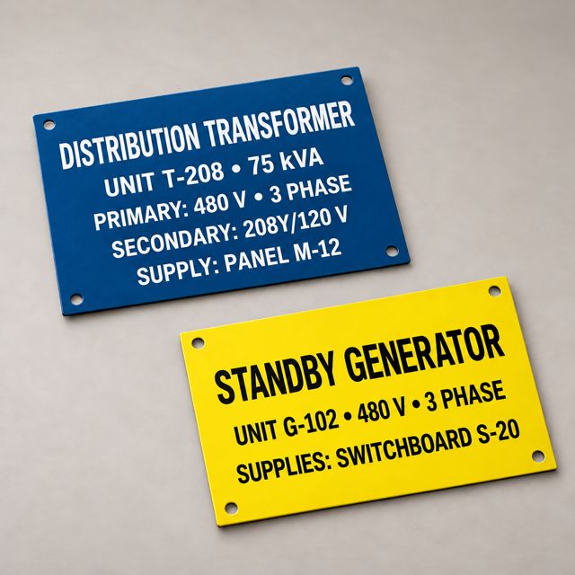 Blue transformer nameplate and yellow standby generator nameplate with mounting holes