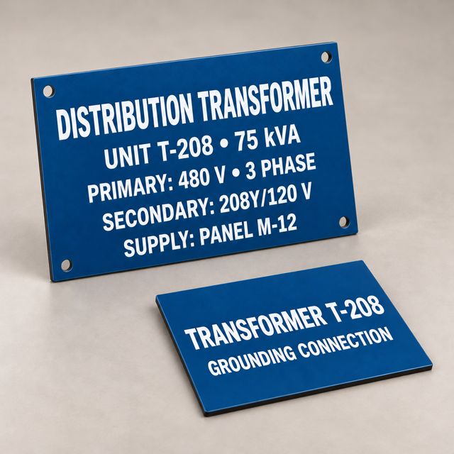 Blue transformer nameplate with mounting holes and a matching grounding connection tag