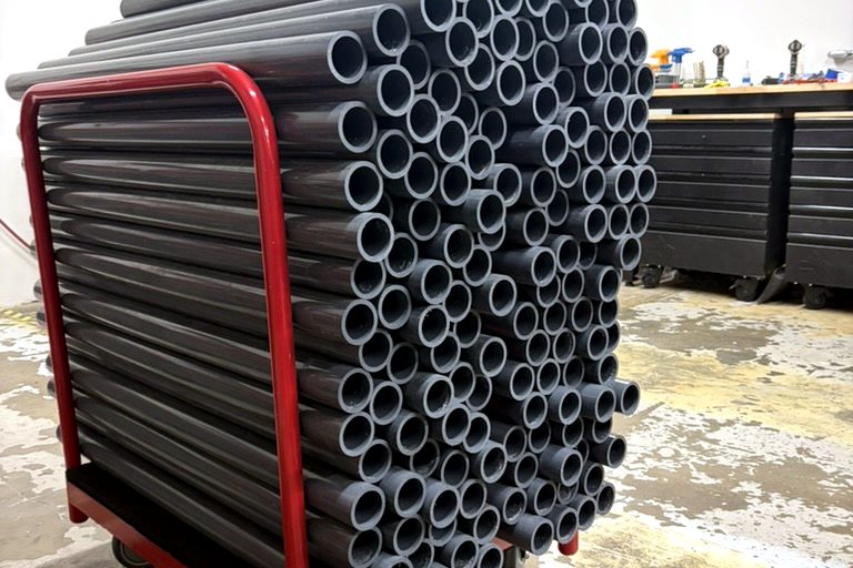 Cart loaded with gray PVC pipe cut to length