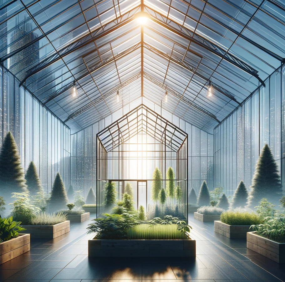 Sunlit futuristic greenhouse with diverse plants.