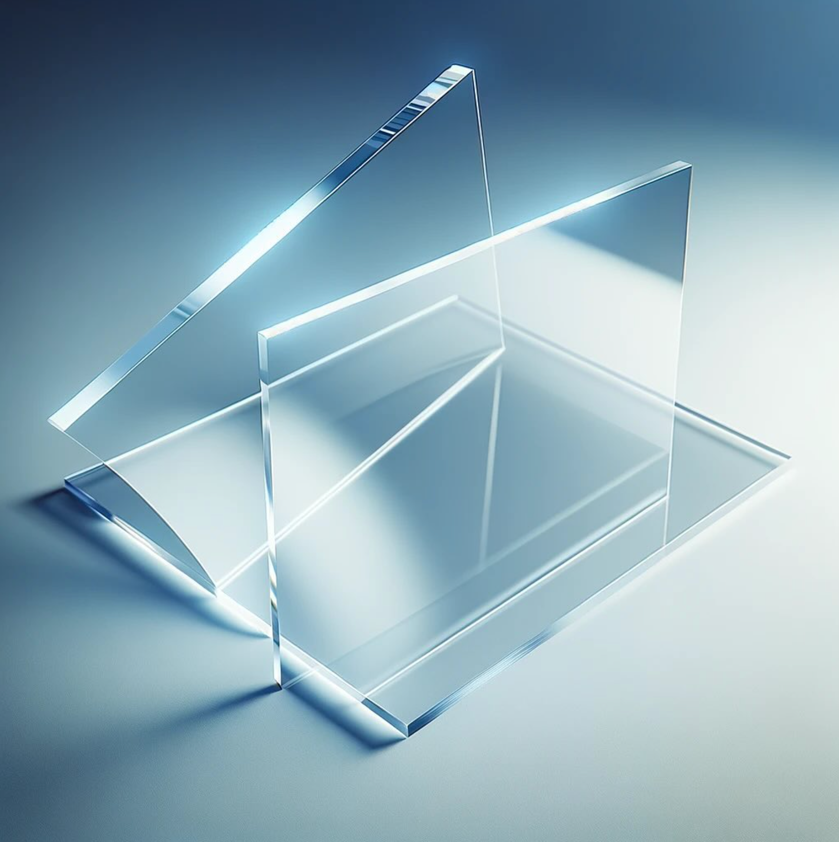 Abstract glass optical prism sculpture on blue background.