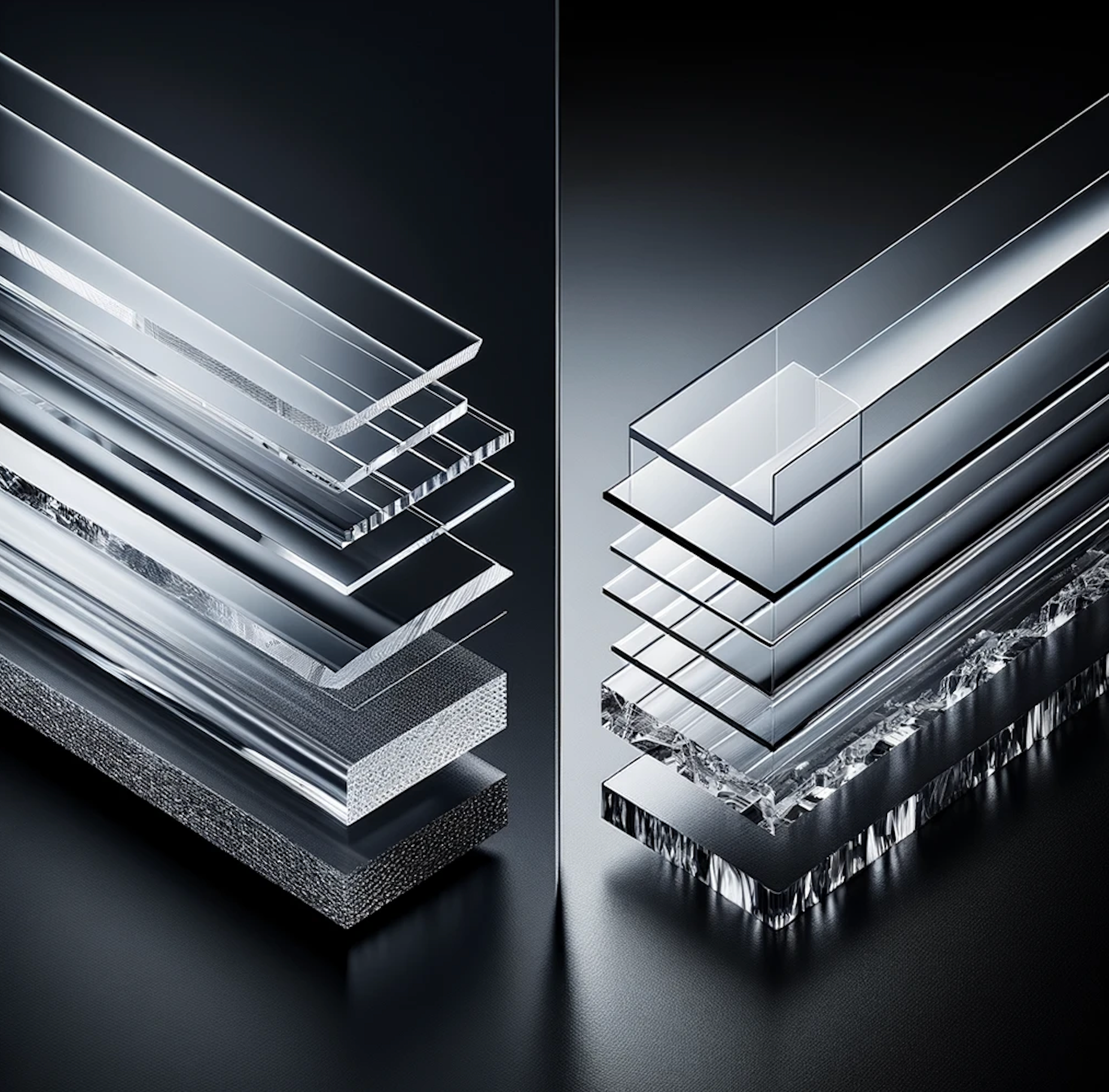 Layered glass sheets on dark background