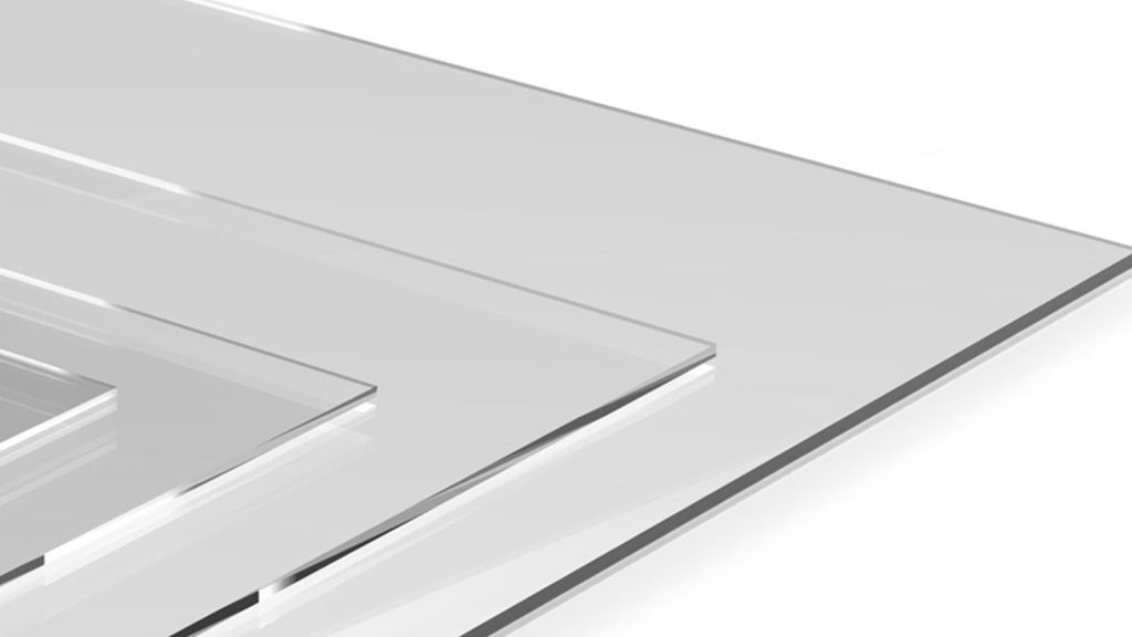 Stacked transparent acrylic sheets in perspective view.