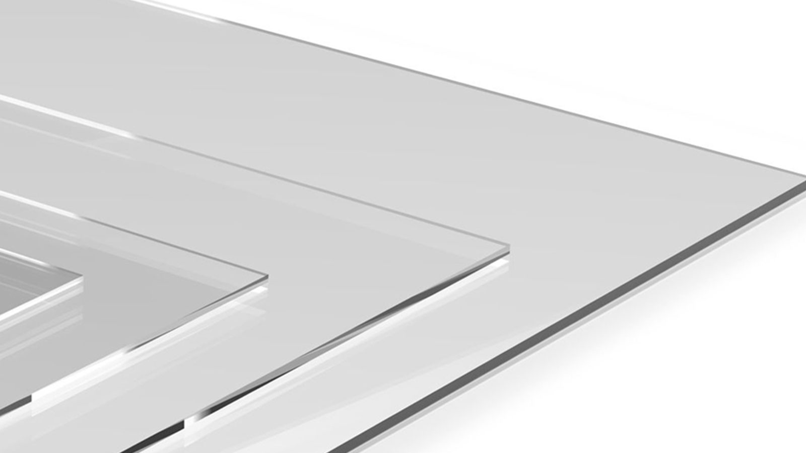 Stacked transparent acrylic sheets in perspective view.